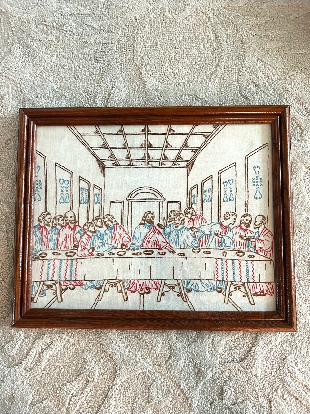 Vintage Framed Embroidered on Linen THE LAST SUPPER Art Wall Hanging 20" x 16"